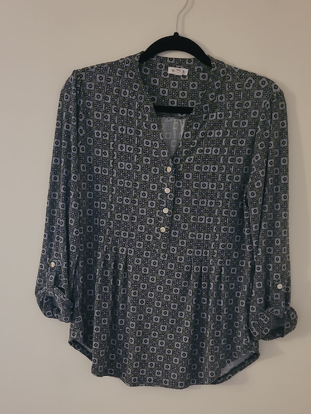 Westport Green & White Geometric Henley Blouse
